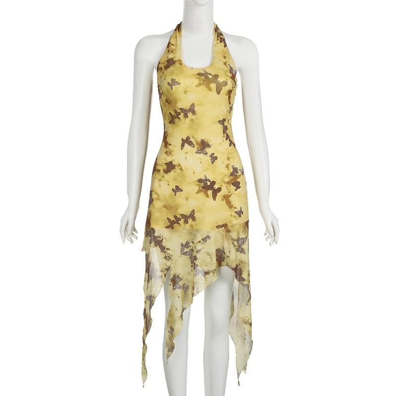 Halter butterfly print ruffle irregular midi dress