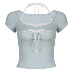 Halter short sleeve bowknot lace hem top