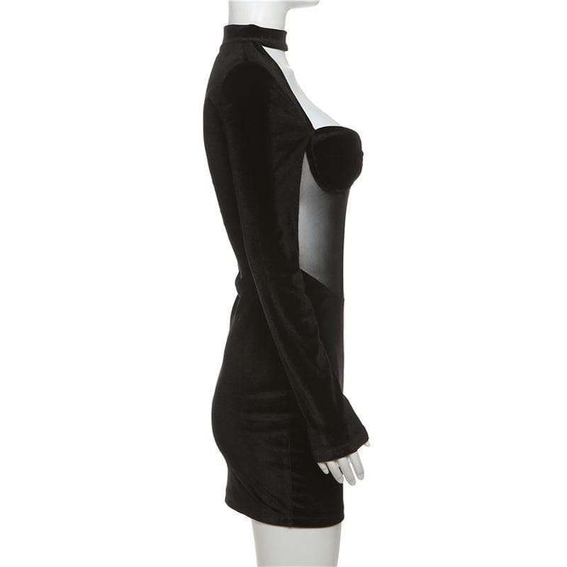 Long sleeve high neck velvet patchwork mesh mini dress