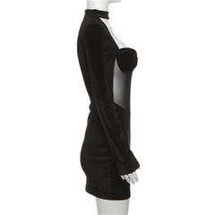 Long sleeve high neck velvet patchwork mesh mini dress