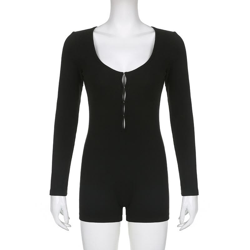 Long sleeve solid button u neck hollow out romper