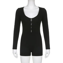 Long sleeve solid button u neck hollow out romper