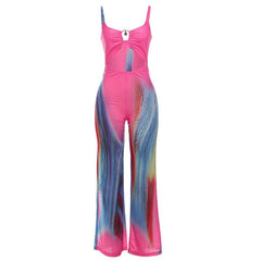 Hollow out print backless u neck low cut cami jumpsuit