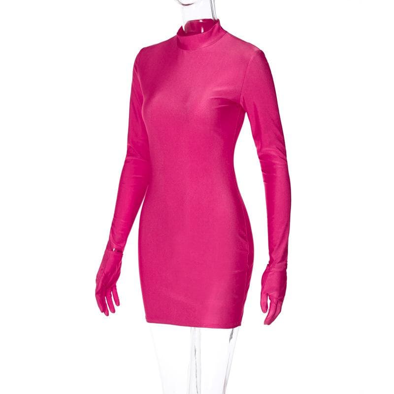 High neck long sleeve gloves solid mini dress