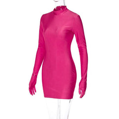 High neck long sleeve gloves solid mini dress