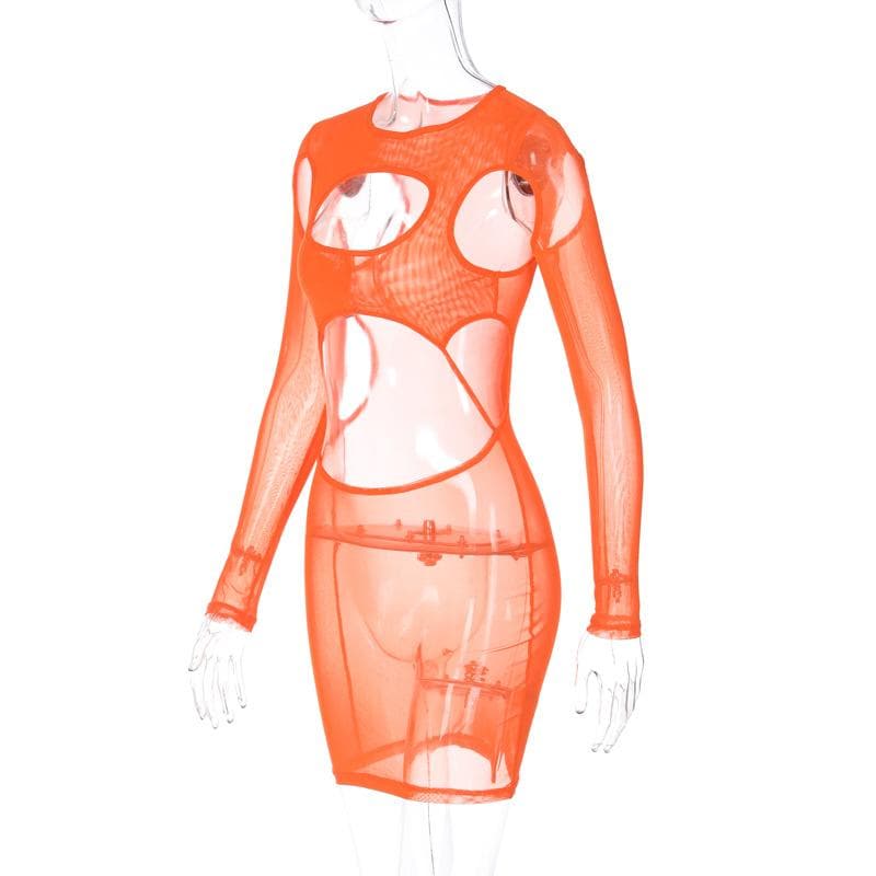 Long sleeve hollow out sheer mesh see through cut out mini dress