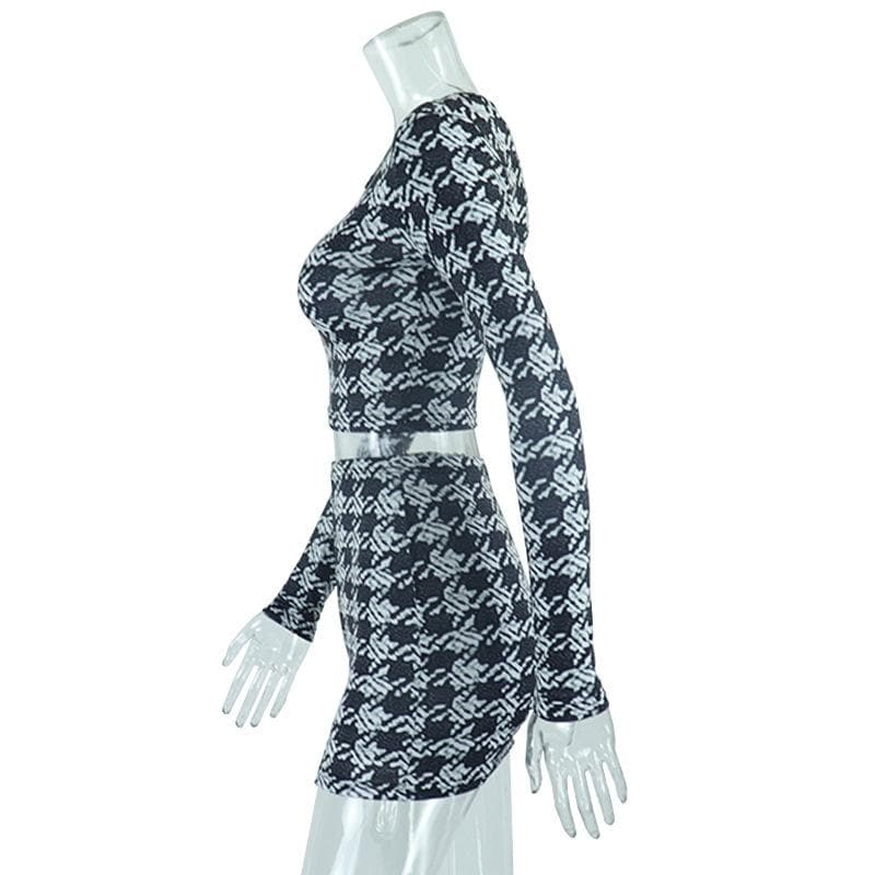 Long sleeve contrast plaid round neck zip-up skirt set - Final Sale