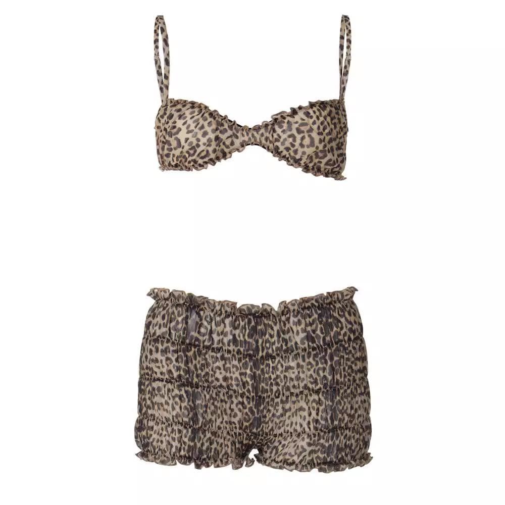 Leopard print ruffle ruched crop chiffon cami pant set