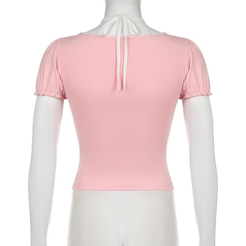 Halter short sleeve bowknot ruffle top