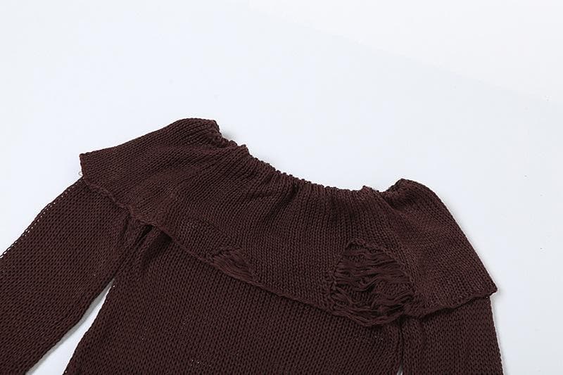 Long flared sleeve off shoulder hollow out see through knitted cut out mini dress - Final Sale