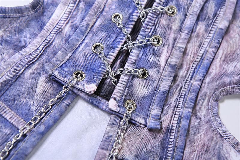 Metal chain lace up sleeveless hollow out contrast print crop cut out top