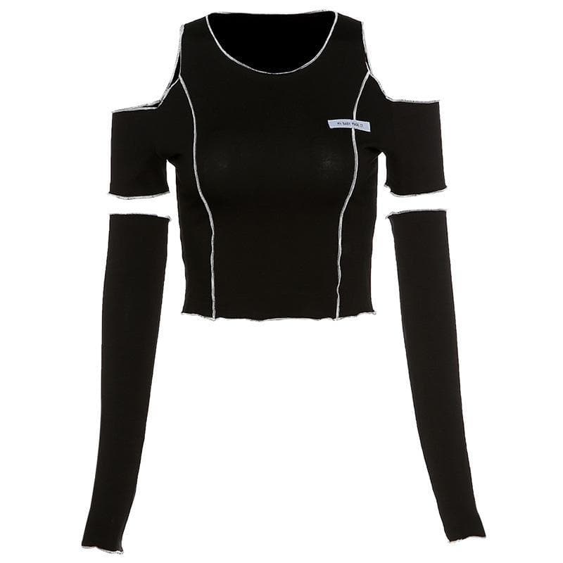 Long sleeve off shoulder patchwork ribbed top