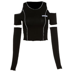 Long sleeve off shoulder patchwork ribbed top