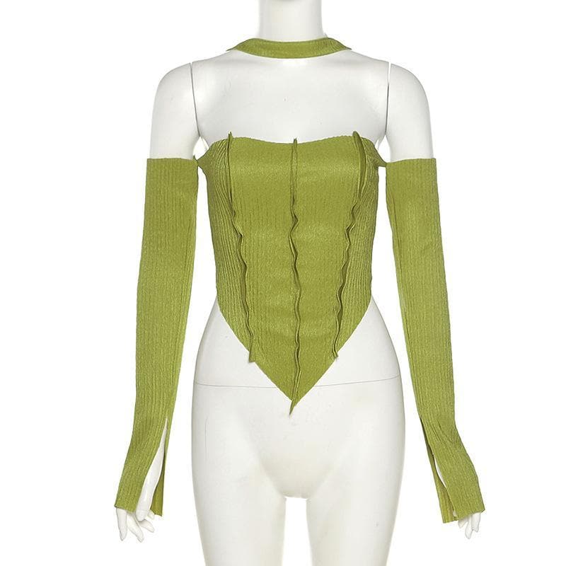 Long sleeve off shoulder patchwork halter top