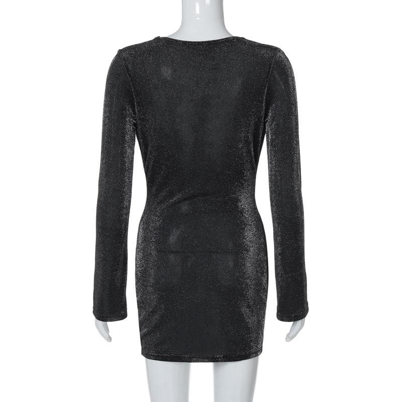 Long sleeve cowl neck ruched glitter solid mini dress