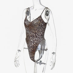 Leopard print v neck backless cami bodysuit