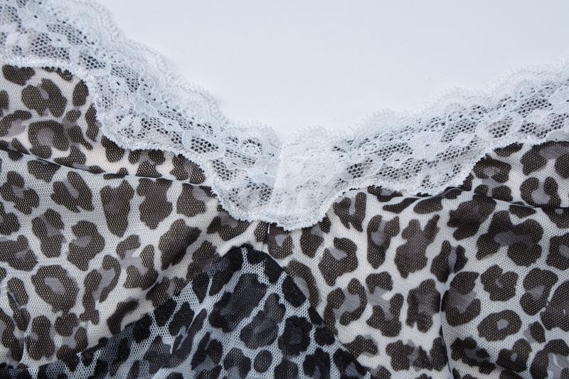Leopard print lace hem mesh v neck cami mini dress
