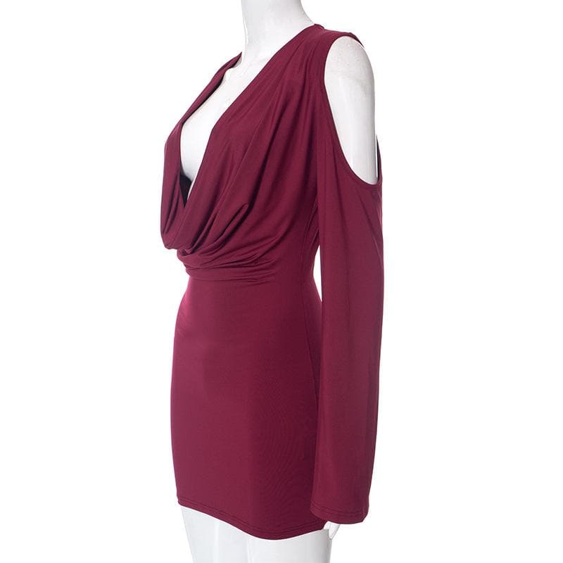 Long flared sleeve off shoulder cowl neck ruched solid mini dress