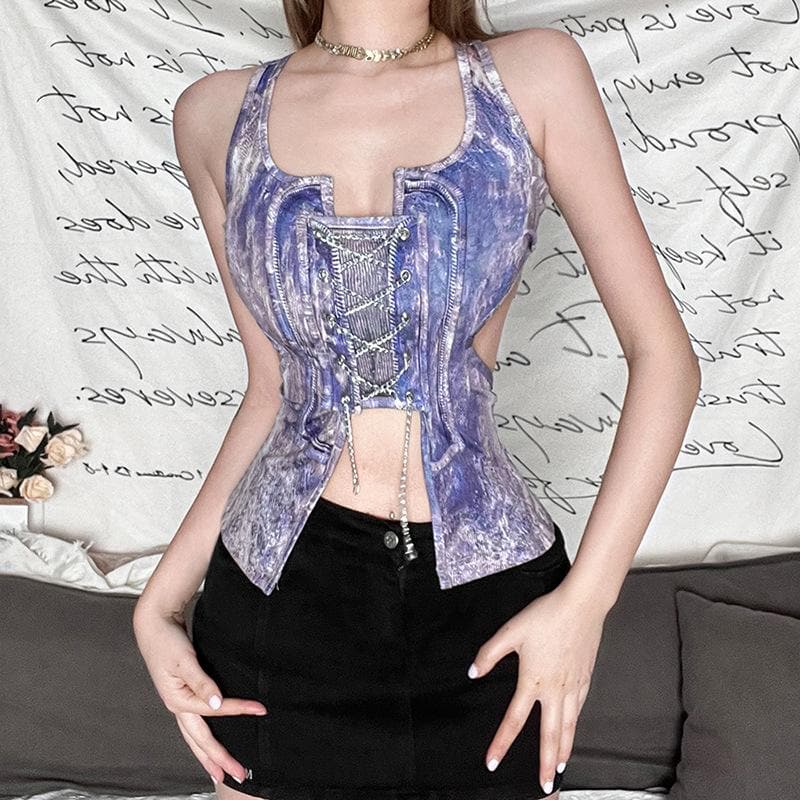 Metal chain lace up sleeveless hollow out contrast print crop cut out top