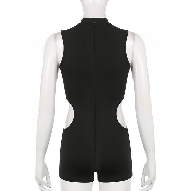 Hollow out sleeveless high neck solid zip-up romper