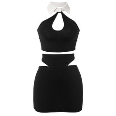 Halter turnover collar hollow out mini skirt set