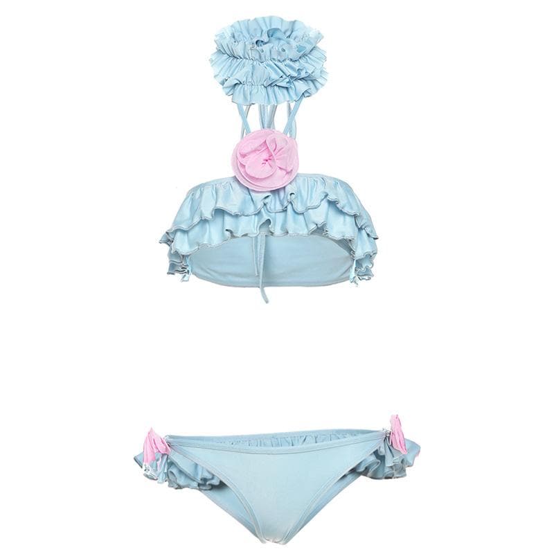 Halter ruffle flower applique self tie 3 piece pant set