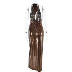 Halter metallic slit deep v neck backless midi dress