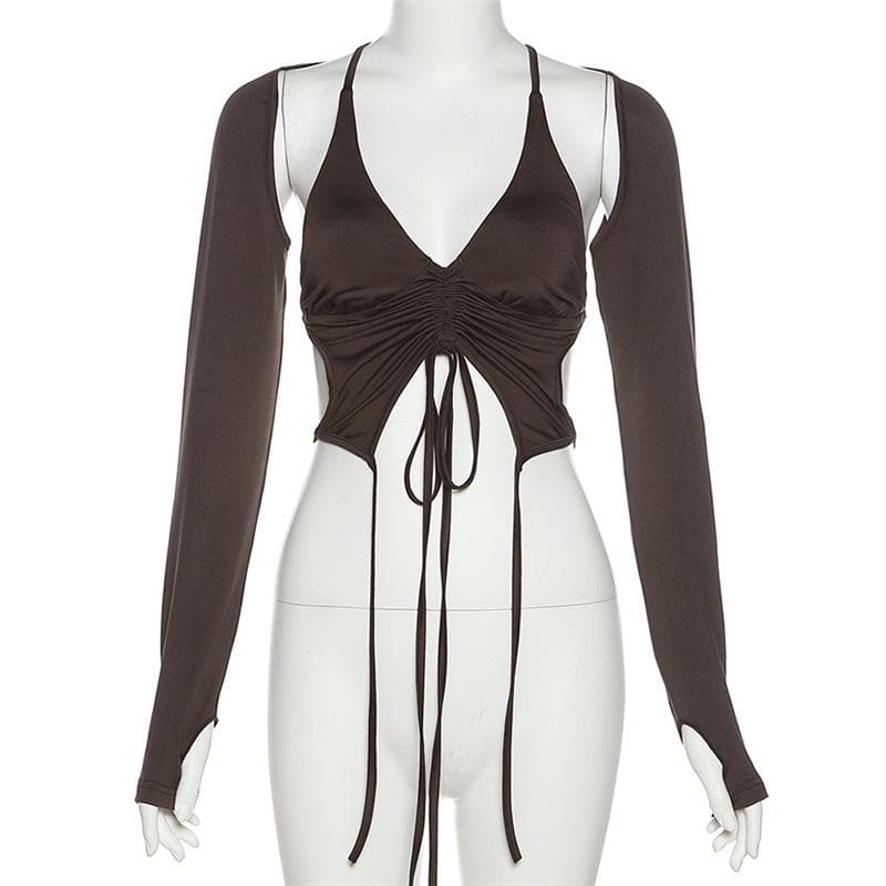 Long sleeves V neck halter ruched solid 2 piece top