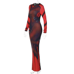 Abstract contrast long sleeve crewneck maxi dress