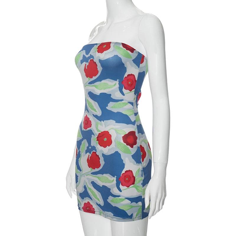 Backless sleeveless flower print contrast tube mini dress