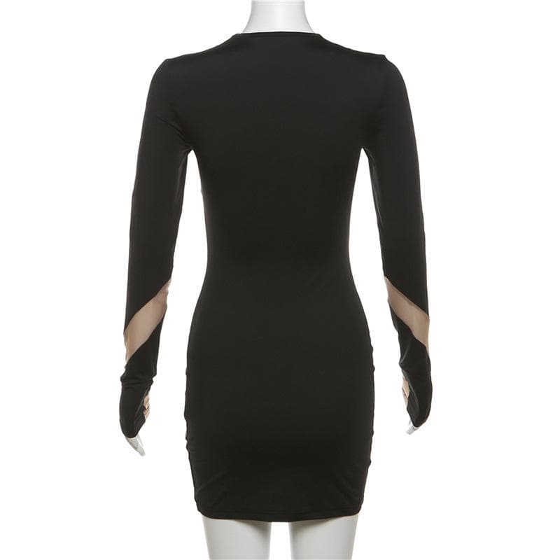Long sleeve crewneck mesh patchwork contrast mini dress - Final Sale