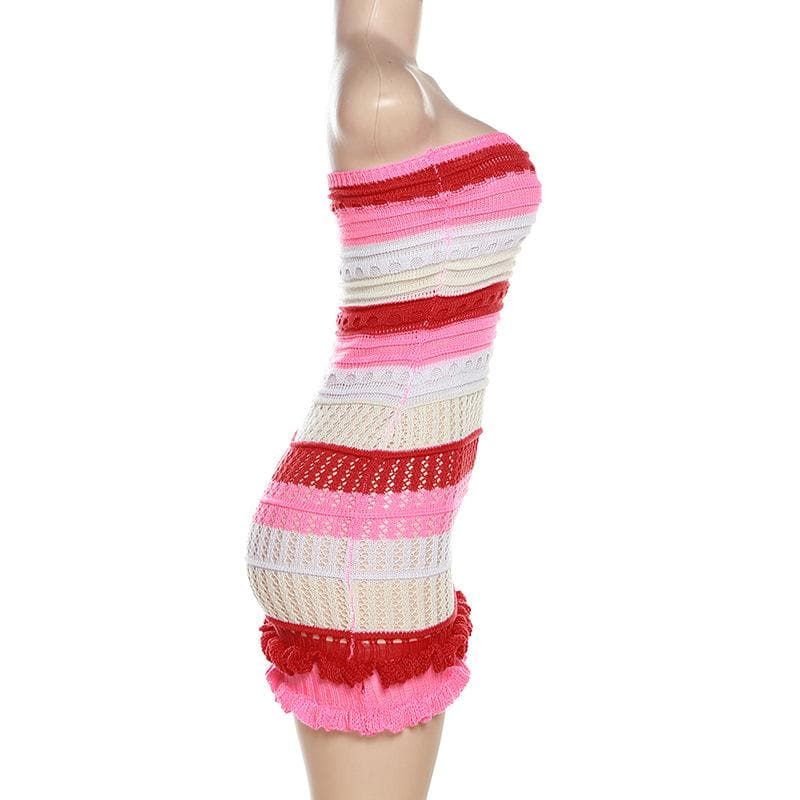 Backless ruffle contrast striped crochet tube dress