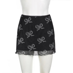 Bowknot print mesh mini skirt