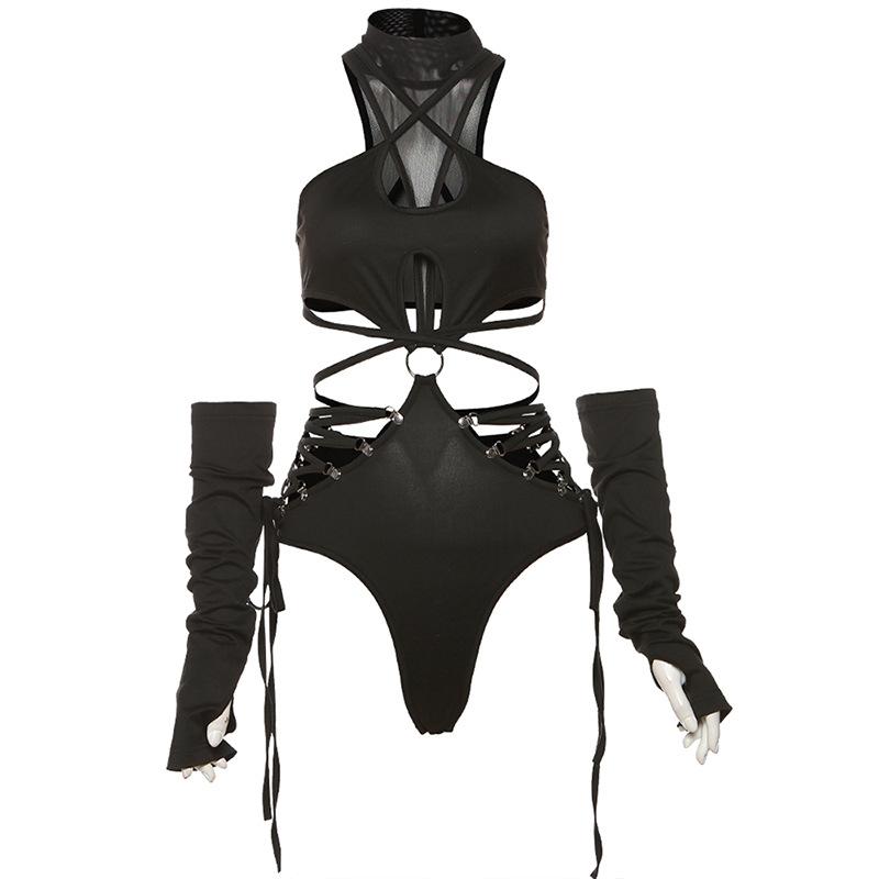 High neck o ring hollow out lace up gloves bodysuit