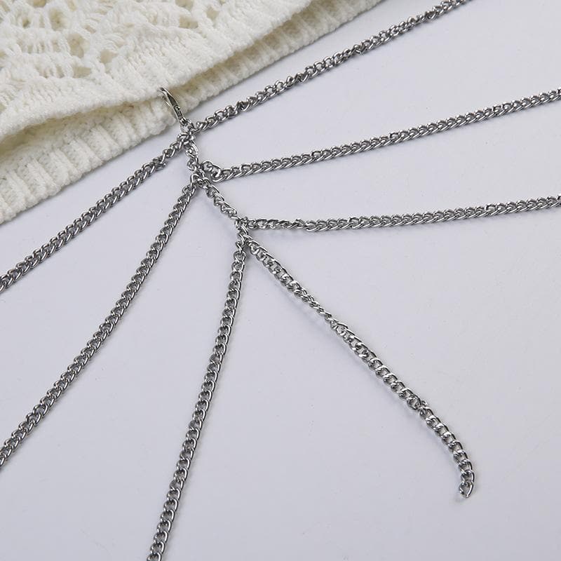 Metal chain ruched v neck halter self tie backless crochet crop top