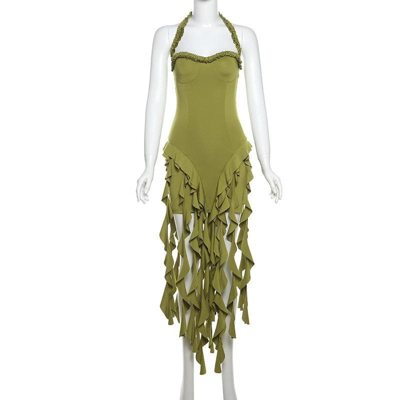 Halter ruffle sweetheart neck solid midi dress