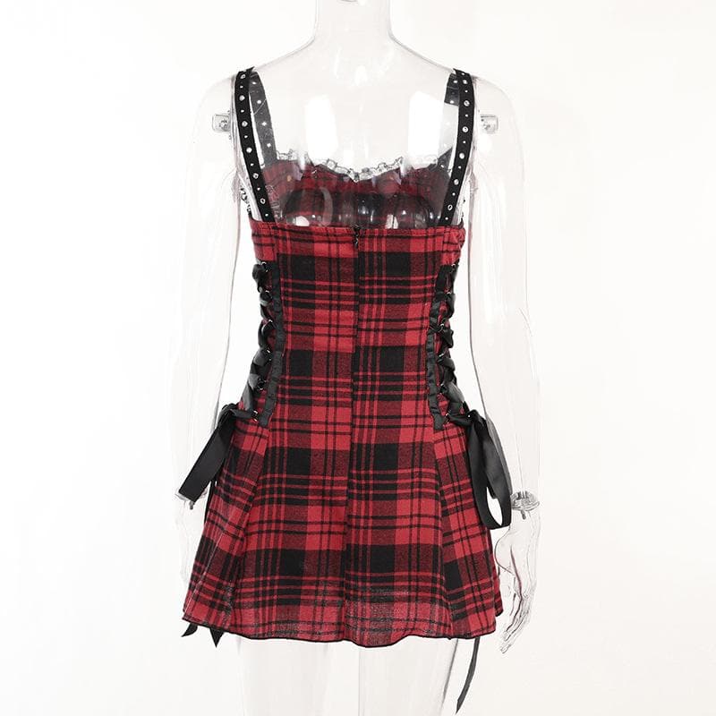 Backless ruched lace hem plaid lace up zip-up mini dress | victorian gothic dresses