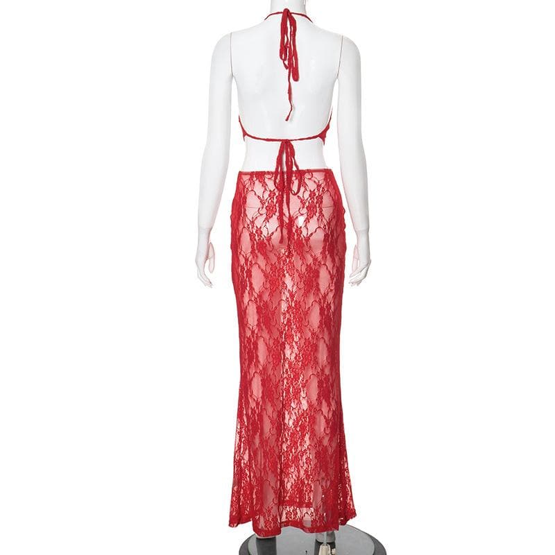 Halter u neck lace see through ruched backless maxi skirt set