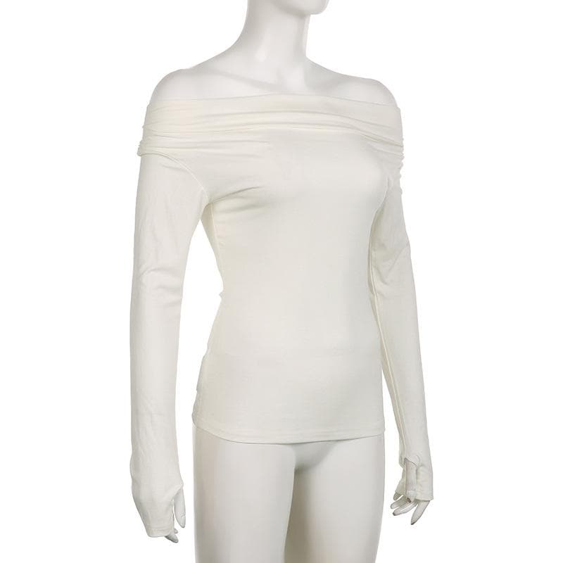 Long sleeve off shoulder ruched solid gloves top