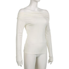 Long sleeve off shoulder ruched solid gloves top