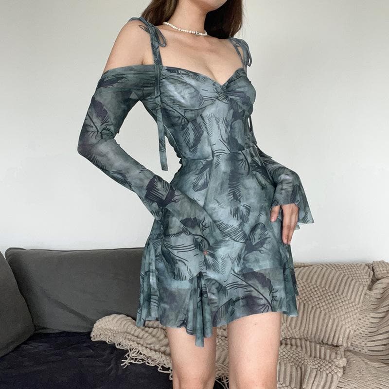 Long sleeve tie dye off shoulder ruched sweetheart neck self tie backless mini dress