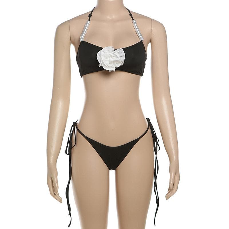 Halter flower applique faux pearl beaded pant set