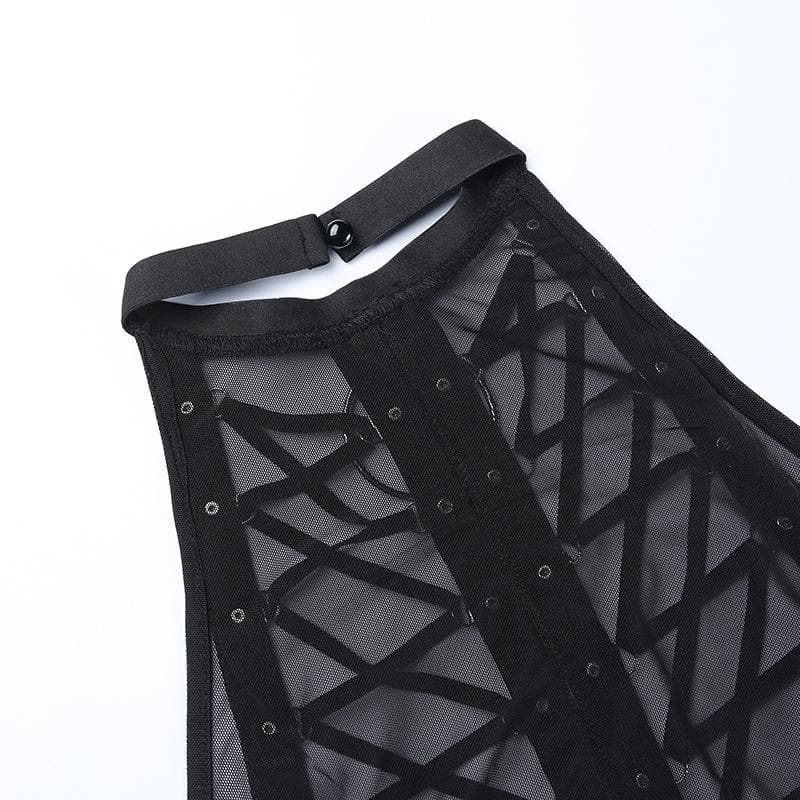 Mesh see through lace up open back metal ring open back top