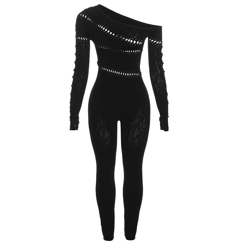 Beaded hollow out off shoulder fishnet long sleeve irregular jumpsuit