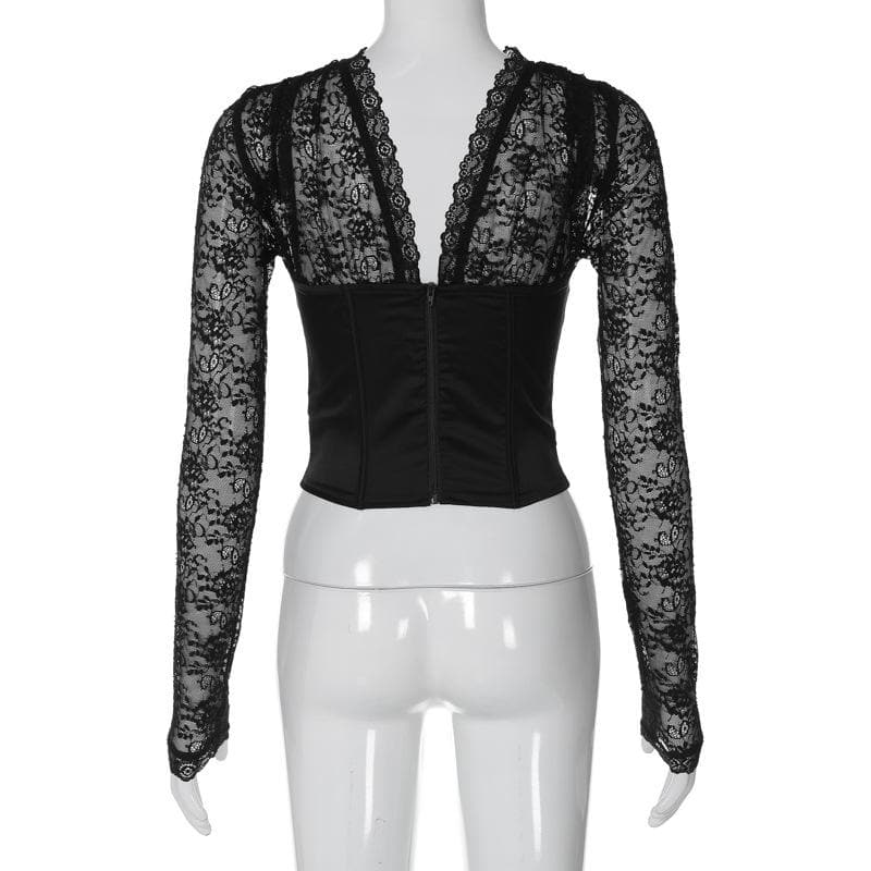 Long sleeve lace zip-up solid backless bustier patchwork top