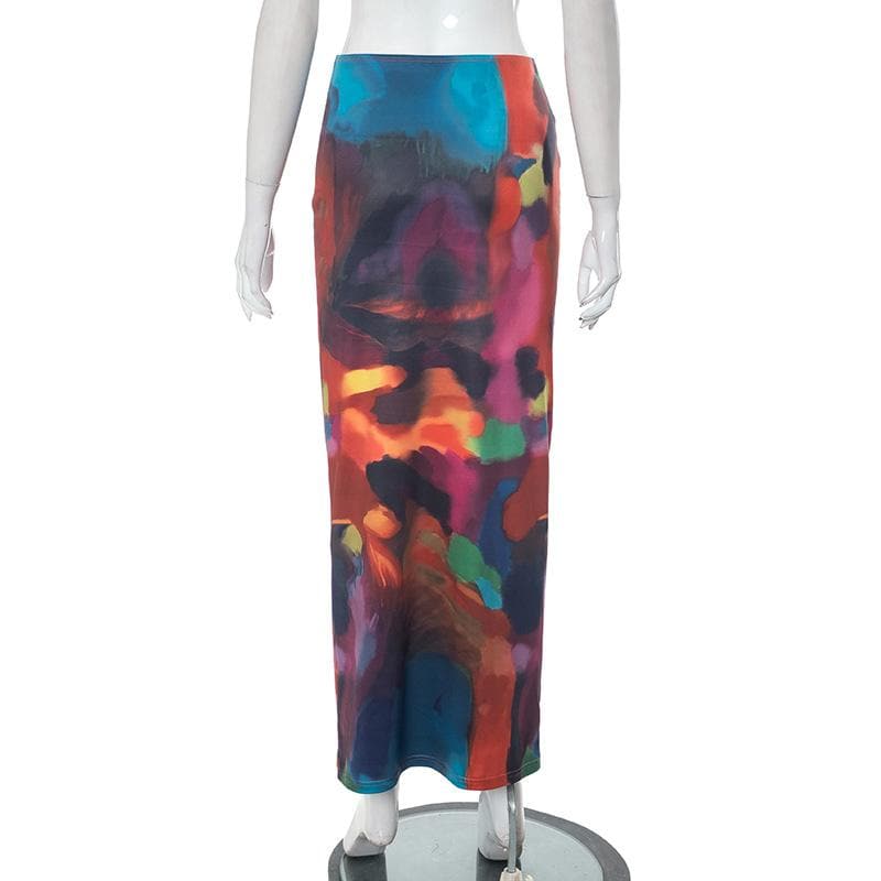 Abstract print low rise contrast maxi skirt