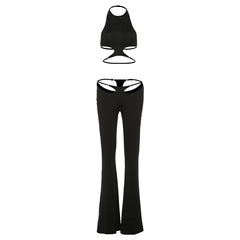 Halter hollow out solid backless pant set