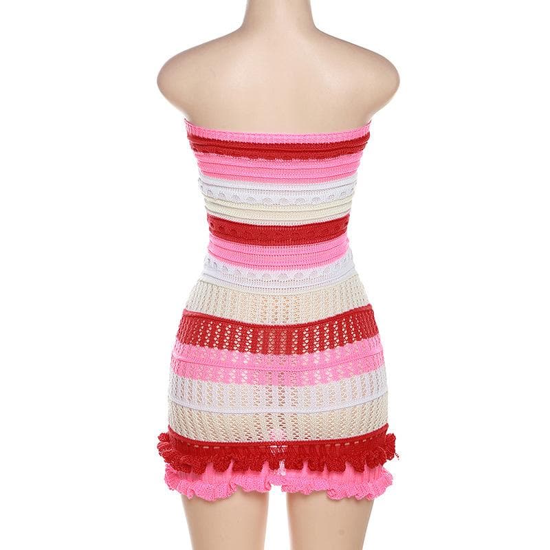 Backless ruffle contrast striped crochet tube dress