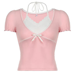 Halter short sleeve bowknot ruffle top