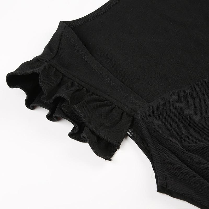 Mesh ruffle v neck metal tag bodysuit